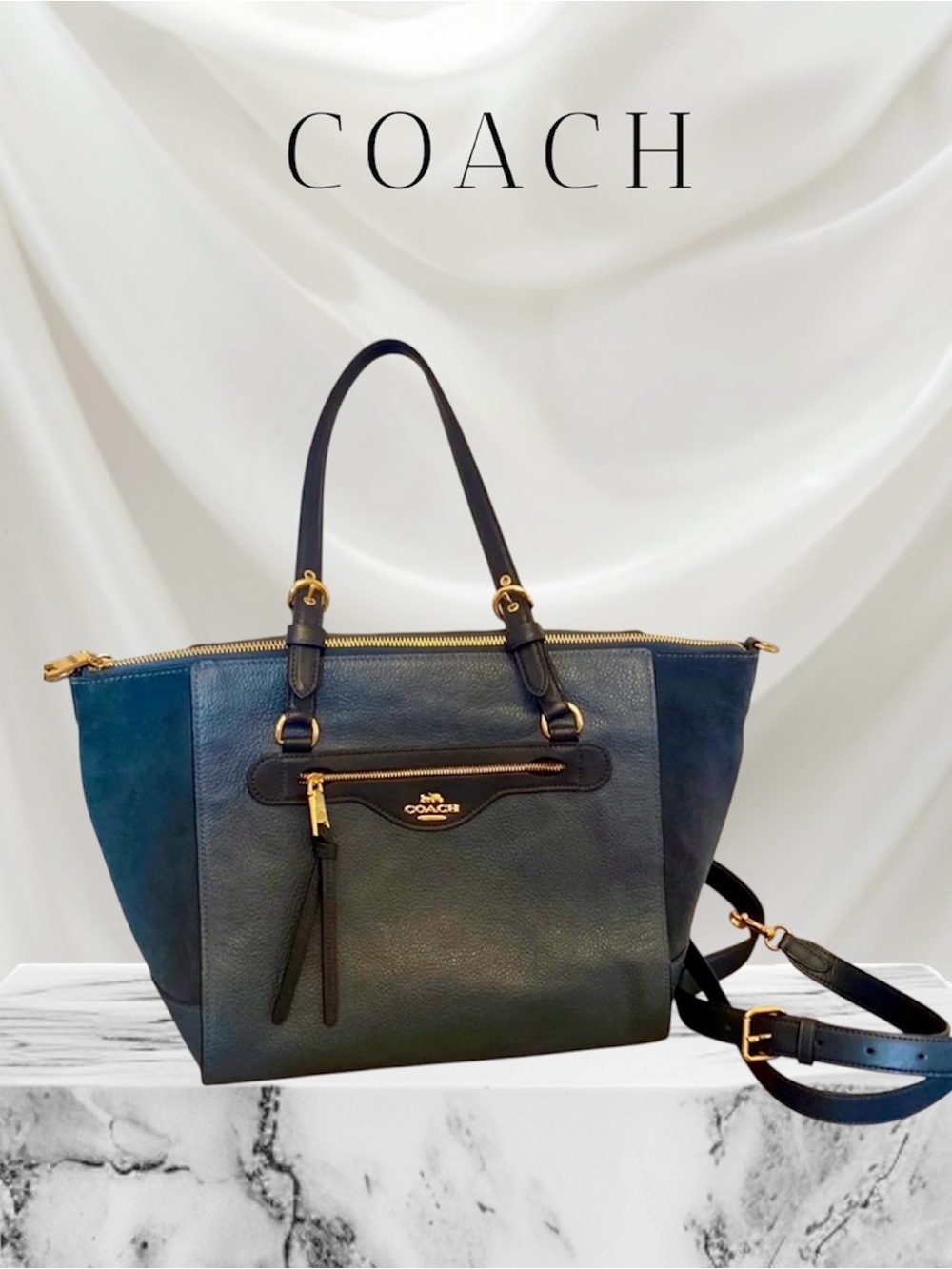 Coach Navy  Leather Tote with Gold Hardware